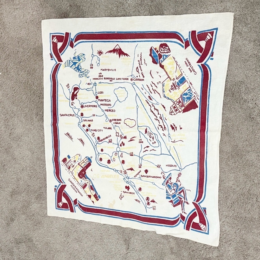 Vtg 1930s MCM Souvenir CALIFORNIA Tablecloth Partial State Cartoon Map Kitsch